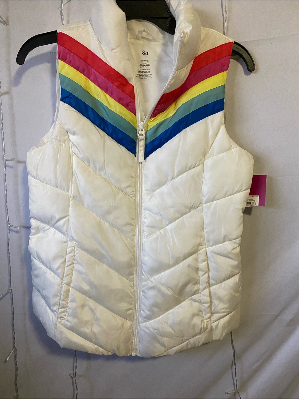adidas White Puffer Vest with Rainbow Chevron Stripes